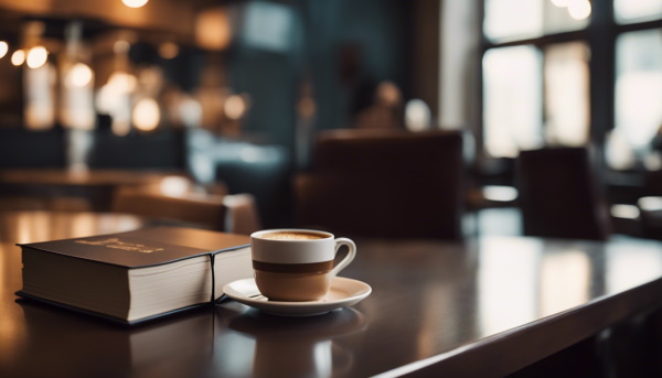 تصویر یک فنجان قهوه کنار کتاب روی میز