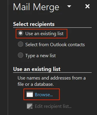 آموزش میل مرج در ورد - گزینه Use an Existing List