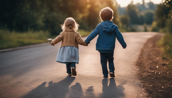 تصویر یک دختربچه و یک پسربچه در حال قدم زدن