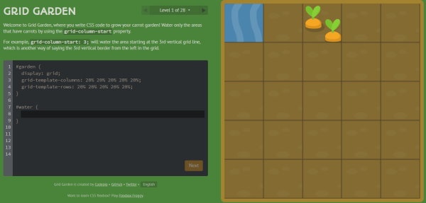 تصویر صفحه نمایش از سایت بازی باغچه گرید یا همان Grid Garden برای آموزش CSS Grid