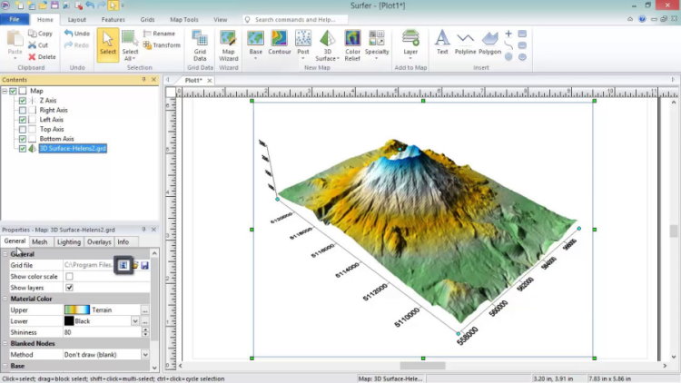 نمونه‌ای از یک مدل سه بعدی توپوگرافی سطح زمین در محیط نرم افزار سورفر