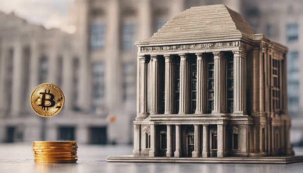 چند سکه بیت کوین روی هم در کنار یک ماکت ساختمان بانک (تصویر تزئینی مطلب بلاک چین چیست)