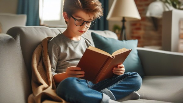 تصویر پسر جوانی که در حال خواندن کتاب روی مبل نشسته است