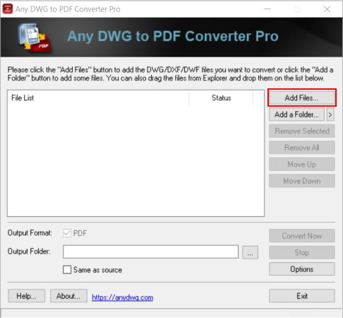 رابط کاربری نرم افزار Any DWG to PDF Converter