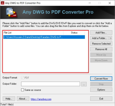 فهرست تبدیل فایل DWG به PDF در نرم افزار Any DWG to PDF Converter
