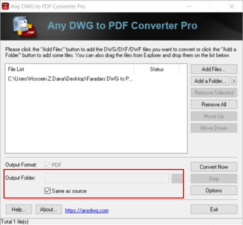 تعیین مسیر خودکار فایل خروجی در نرم افزار Any DWG to PDF Converter 
