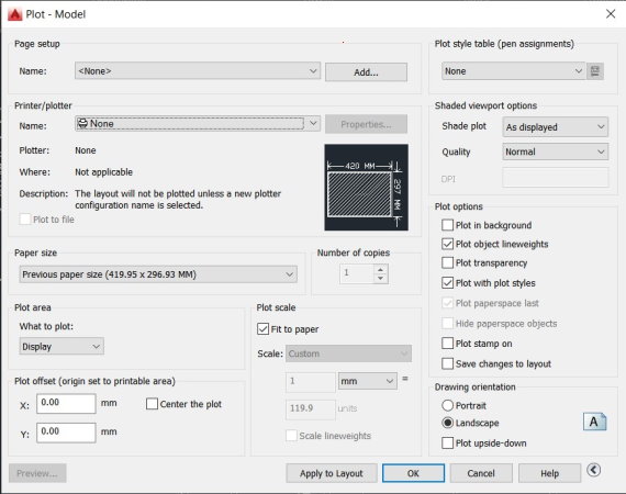 پنجره تنظیمات Plot برای تبدیل فایل DWG به PDF