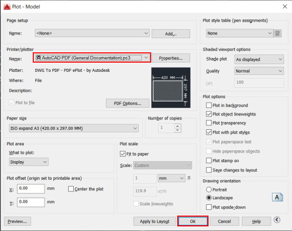 انتخاب ابزار تبدیل فایل DWG به PDF در تنظیمات Plot