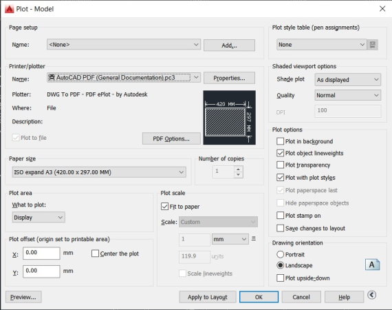 پنجره تنظیمات خروجی تبدیل فایل DWG به PDF توسط نرم افزار اتوکد
