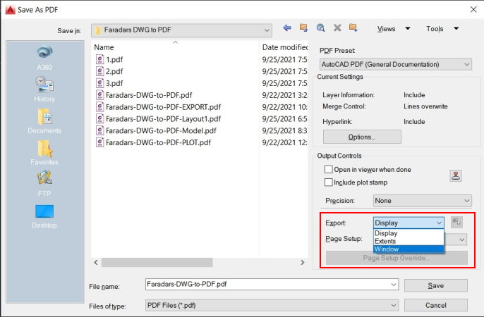 محل قرارگیری تنظیمات محدوده خروجی تبدیل فایل اتوکد به پی دی اف در پنجره دستور EXPORTPDF