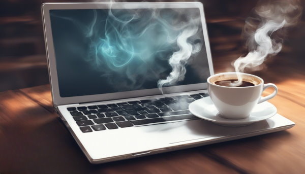 یک لپ تاپ و یک فنجان قهوه بر روی آن