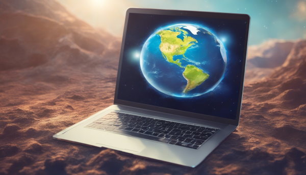 یک لپ تاپ در بیابان با تصویر کره زمین روی صفحه نمایش (تصویر تزئینی مطلب برنامه نویسی وب چیست)