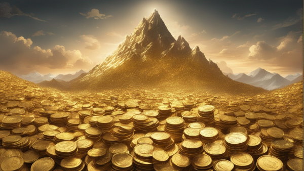تصویر گرافیکی مقدار زیادی سکه طلا که دامنه یک کوه را پوشانده اند (تصویر تزئینی مطلب ترید چیست)