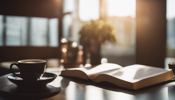 تصویر یک کتاب و یک فنجان قهوه روی میز