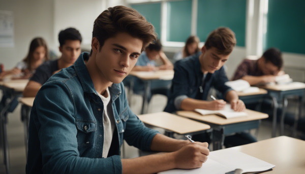 تصویر یک پسر در کلاس درس در حال امتحان دادن