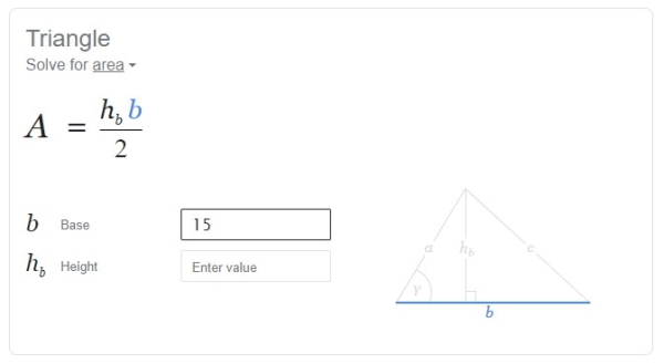 ماشین حساب مساحت مثلث در صفحه نتایج جستجوی گوگل