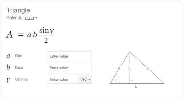محاسبه آنلاین مساحت مثلث با سینوس، در صفحه نتایج گوگل