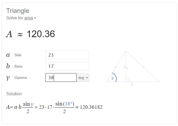 وارد کردن اندازه‌های دو ضلع و زاویه بین در ماشین حساب گوگل برای محاسبه آنلاین مساحت مثلث با سینوس