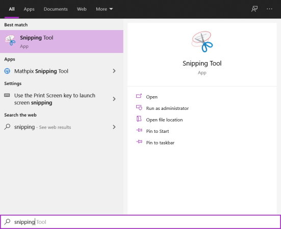 جستجوی عبارت snipping tool در منوی start ویندوز برای اجرای نرم افزار عکس‌برداری از صفحه نمایش