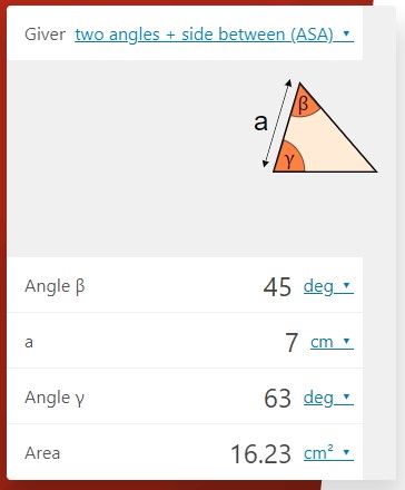 نمونه‌ای از محاسبه مساحت مثلث با دو زاویه و ضلع بین در سایت Omni Calculator