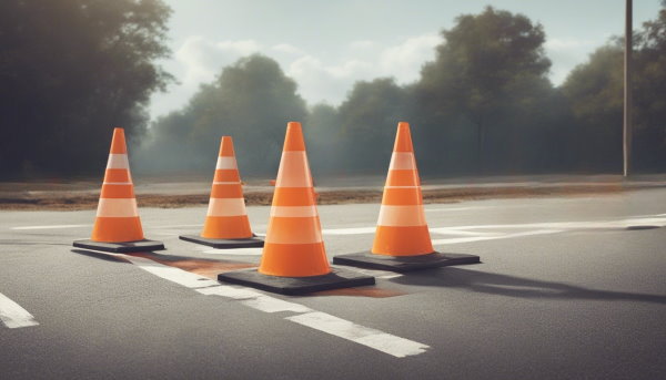 چهار مخروط خطر روی جاده به شکل مربع (تصویر مثال مطلب محیط مربع)