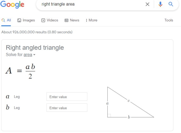کادر محاسبه مساحت مثلث قائم الزاویه در گوگل