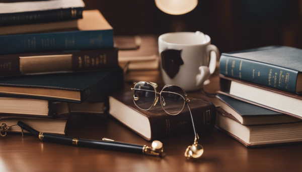 تصویر چند کتاب، یک عینک و یک فنجان قهوه روی میز