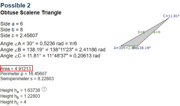 احتمال دوم محاسبه پارامترهای مثلث در Calculator.net