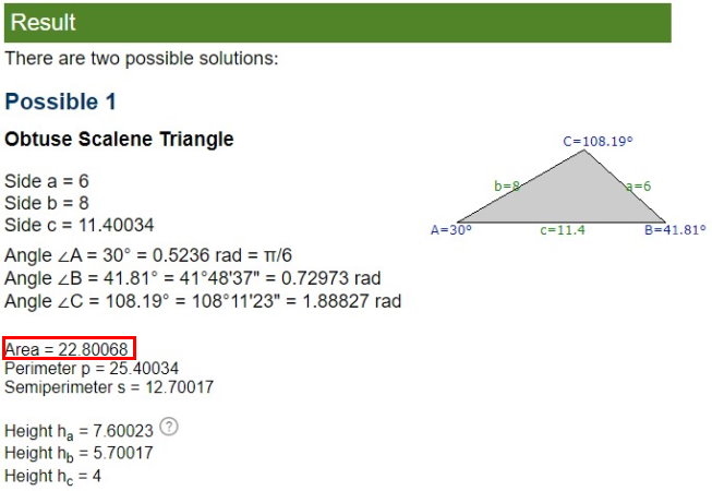 نتیجه محاسبه پارامترهای مثلث در Calculator.net