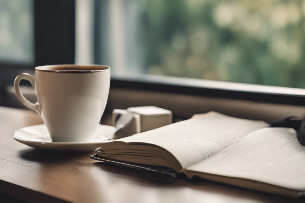 تصویر فنجان قهوه‌ای که روی میزی و در کنار کتابی قرار دارد