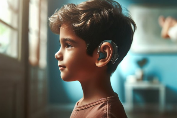 نیمرخ پسر بچه ای که از سمعک استفاده می کند - گوش داخلی انسان 