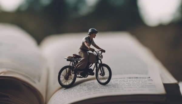 اسباب‌بازی پسری در حال دوچرخه‌سواری روی کتاب