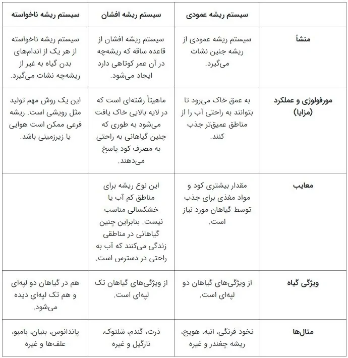 جدول تفاوت انواع ریشه