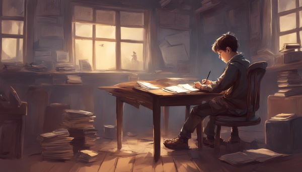 تصویر پسری در حال نوشتن پشت میز