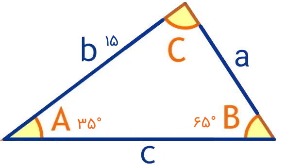 مثلثی با دو زاویه 35 و 65 درجه و ضلع غیر بین 15
