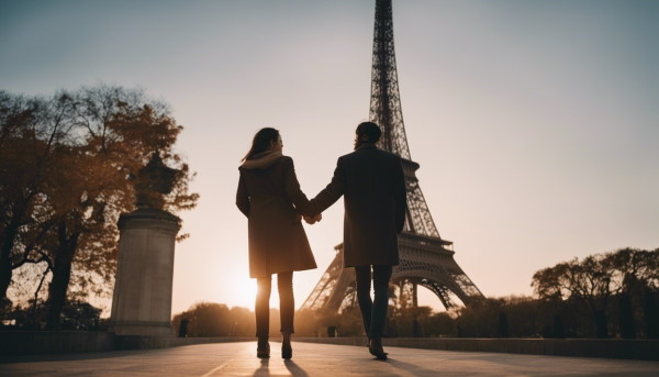 زن و مردی جوان در حال قدم زدن کنار برج ایفل در پاریس
