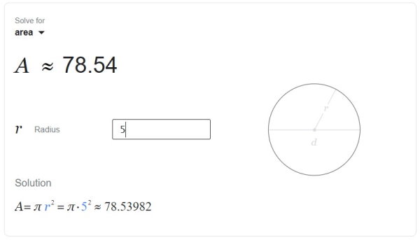 نمونه‌ای از خروجی محاسبه آنلاین مساحت دایره توسط گوگل