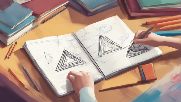 تصویر گرافیکی دست در حال رسم مثلث در دفتر (تصویر تزئینی مطلب مساحت مثلث متساوی الاضلاع)