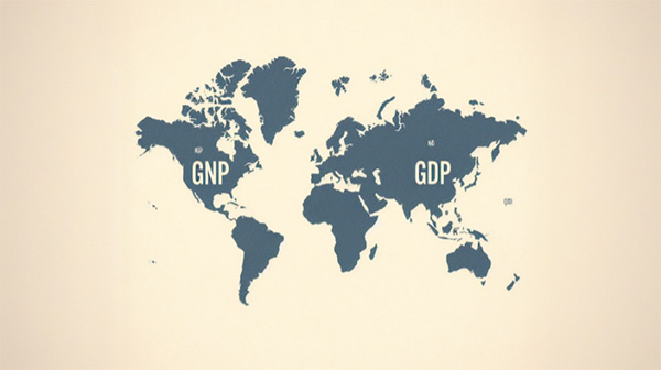 دو کلمه GNP و GDP روی نقشه جهان نوشته شده اند