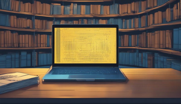 یک لپ تاپ بر روی میز با پس زمینه کتابخانه