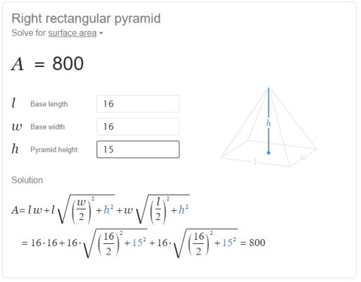 خروجی محاسبه مساحت هرم مربعی در گوگل