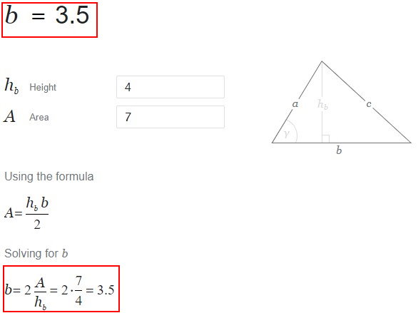 ابزار محاسبه قاعده مثلثی با مساحت ۷ و ارتفاع 4 در گوگل