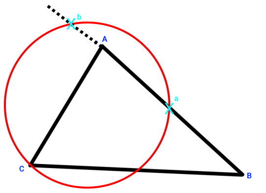 رسم دایره از راس مثلث و تعیین محل تقاطع با راستای قاعده