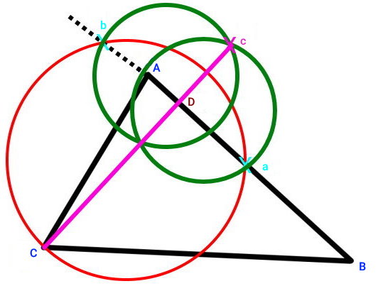 رسم ارتفاع مثلث با اتصال راس به محل برخورد دایره‌ها