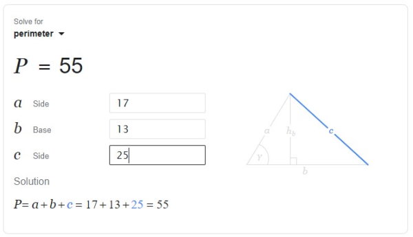 نمونه‌ای از خروجی محاسبه محیط مثلث توسط گوگل
