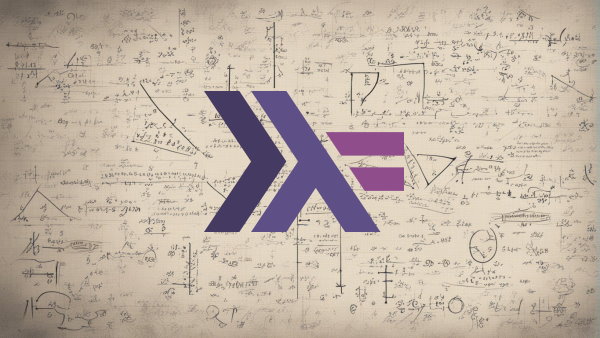 تصویر گرافیکی سطحی پر از معادلات ریاضی و لوگوی زبان Haskell