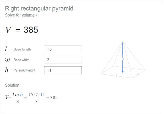 مثالی از محاسبه حجم هرم توسط ماشین حساب گوگل 