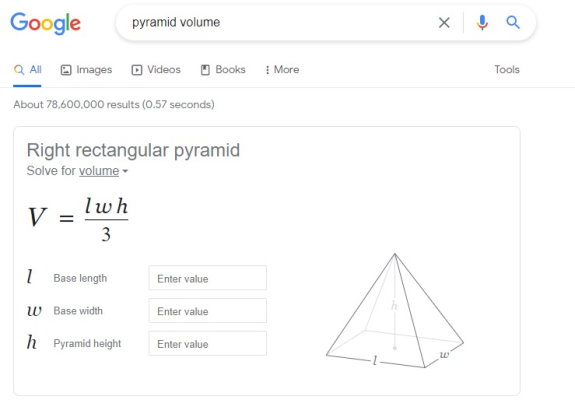 ماشین حساب گوگل برای محاسبه حجم هرم 