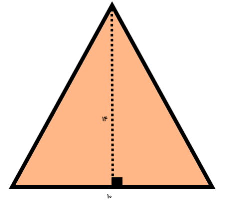 مثلث متساوی الساقین با ارتفاع 14 سانتی متر و قاعده 10 سانتی متر