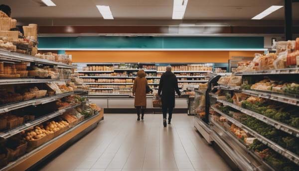 زوجی در فروشگاه در حال خرید مواد غذایی هستند